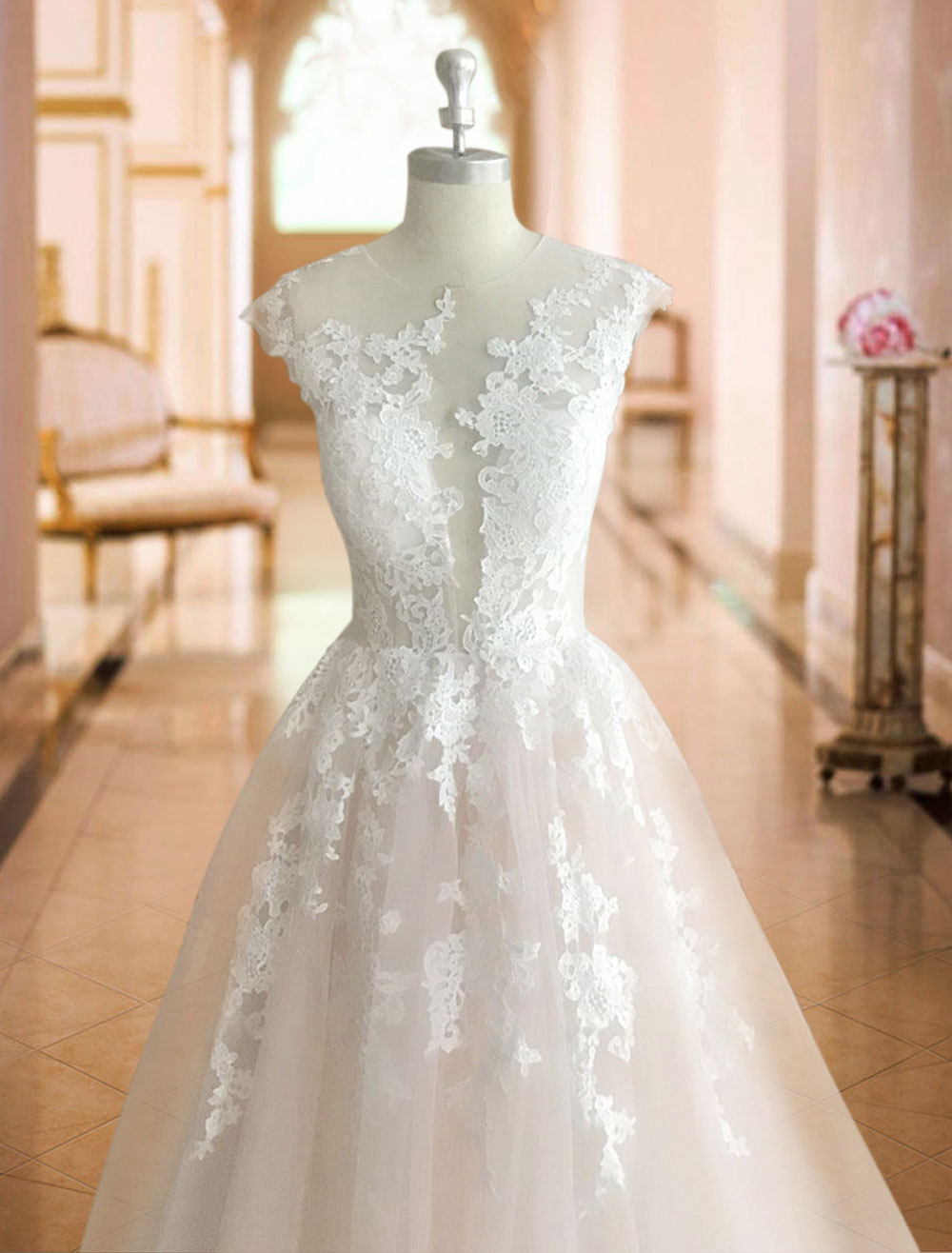 Wedding Dresses 2021 Princess Silhouette Jewel Neck Sleeveless Natural Waist Lace Soft Pink Tulle Bridal Gowns-newarrivaldress