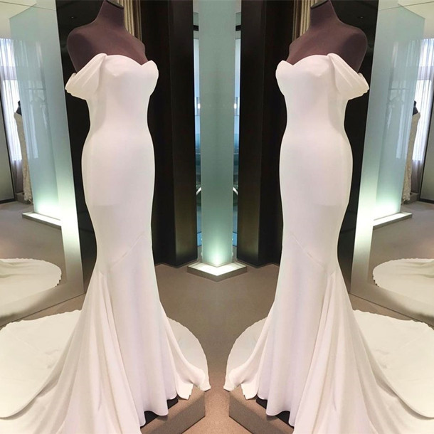 White Mermaid Off The Shoulder Cap Sleeve Prom Dresses-newarrivaldress