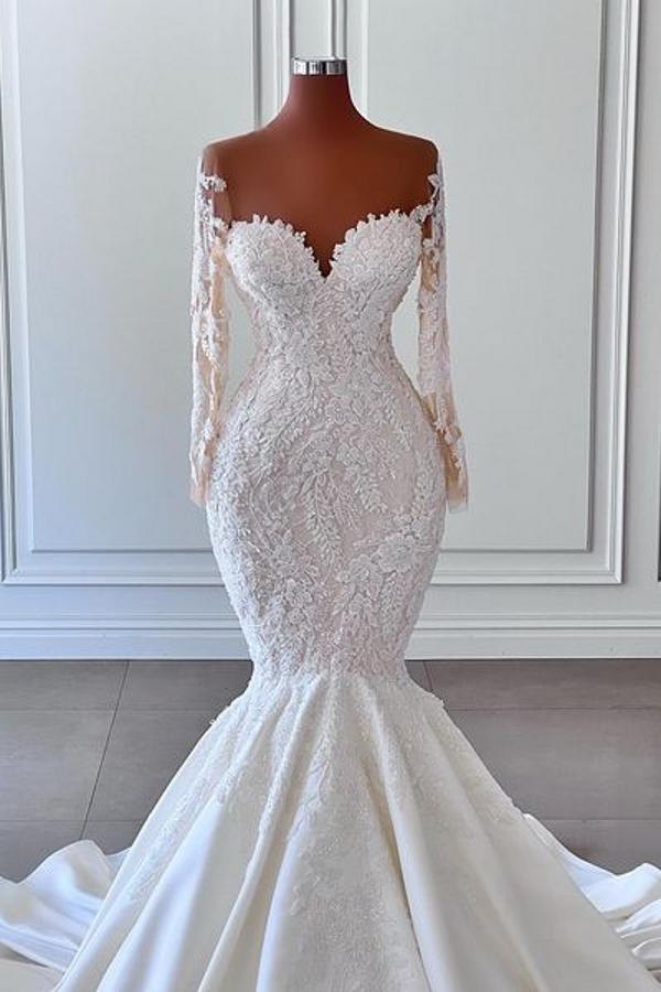 Gorgeous Mermaid Wedding Dresses with Sleeves Floral Lace Long Bridal Dress with Sweep Train-newarrivaldress
