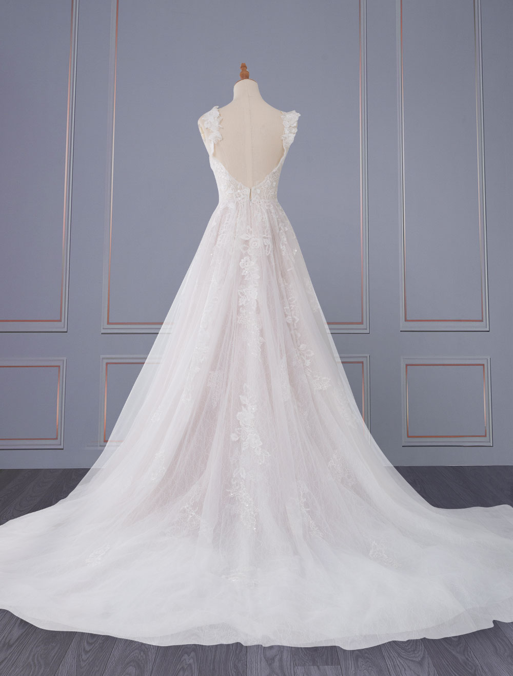 Light Pink Simple Wedding Dress A Line V-Neck Sleeveless Backless Long Lace Bridal Gowns-newarrivaldress