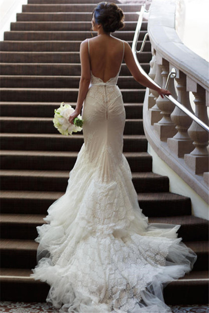 Elegant Tulle Open Back Sweep Train Spaghetti Strap Mermaid Wedding Dresses-newarrivaldress