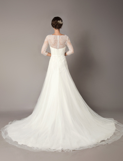 Wedding Dresses A Line Ivory V Neck Lace Tulle Half Sleeve Bridal Dress With Train-newarrivaldress