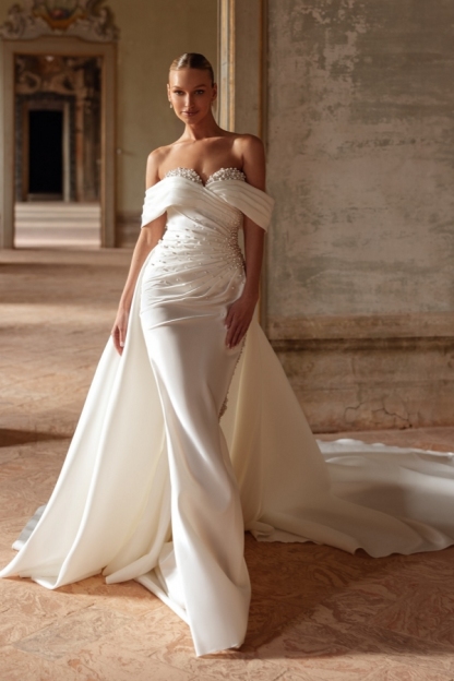 Off-the-Shoulder White Satin Wedding Dress Sheath Bridal Dress with Pearls-newarrivaldress