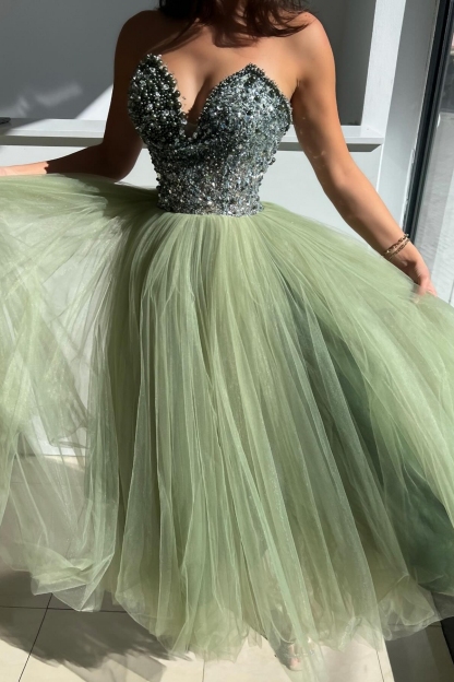 Strapless Sweetheart Pearls Aline Party Dress Green Tulle Sleeveless Special Occasion Dress-newarrivaldress