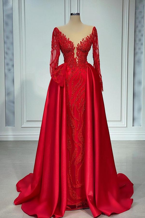 Glamorous Red Long Sleeves Mermaid Evening Gown Glitter Beads with Satin Train-newarrivaldress