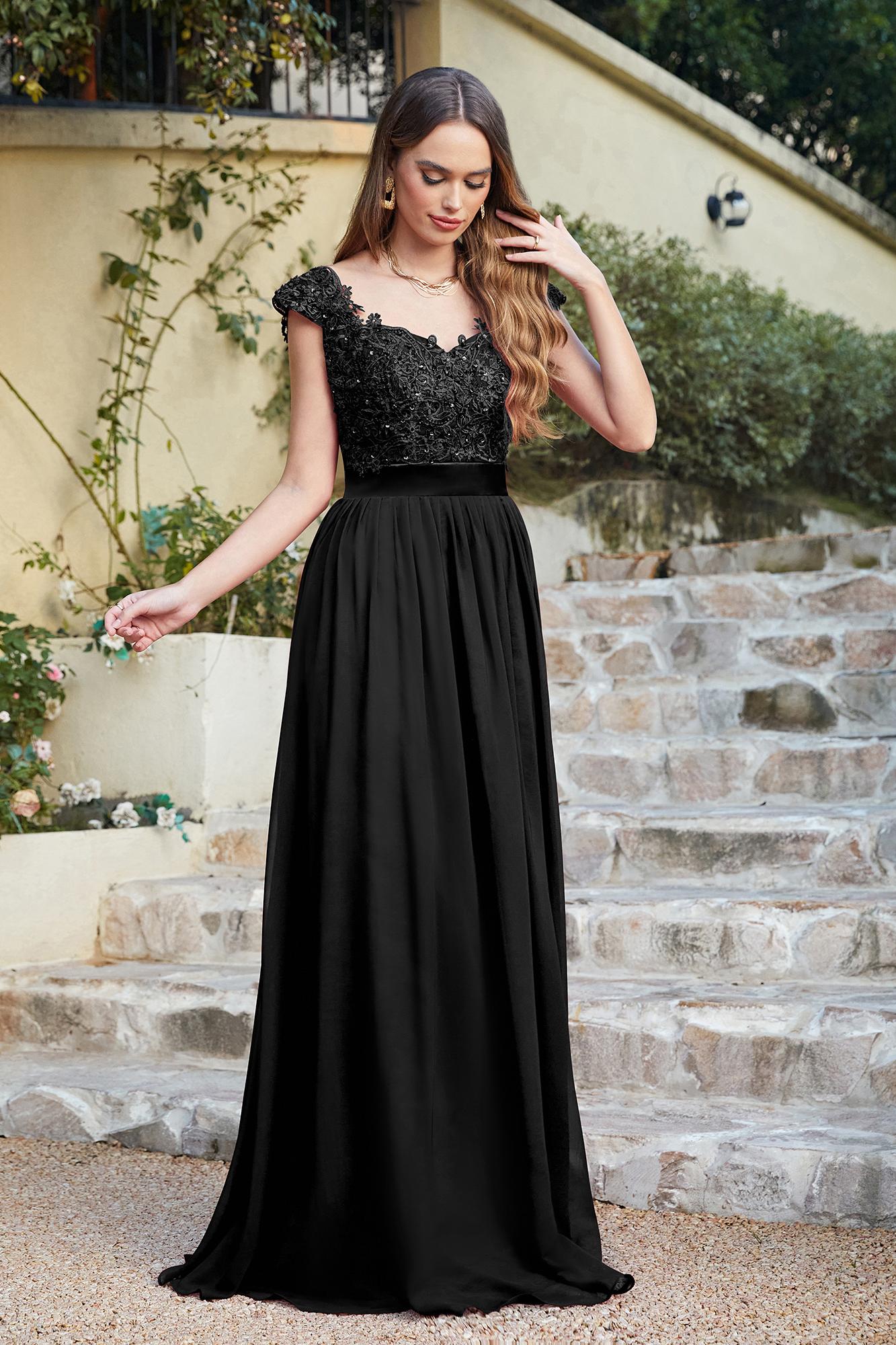 Chic Cap Sleeves Floral Lace Aline Long Evening Dresses Beadings Floor Length Chiffon Bridesmaid Dresses-newarrivaldress
