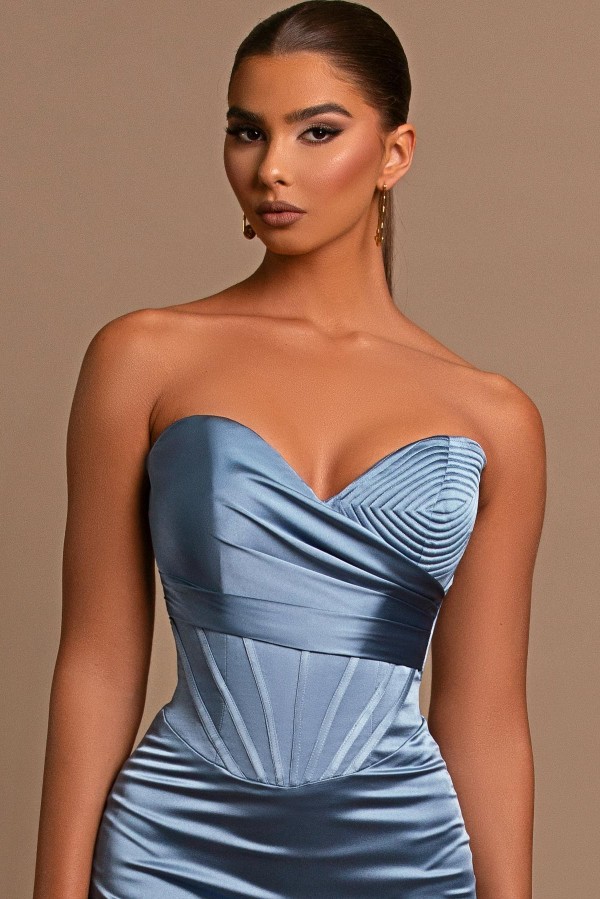 Stunning Sweetheart Satin Mermaid Prom Dress Dusty Blue Strapless Long Evening Party Dress-newarrivaldress