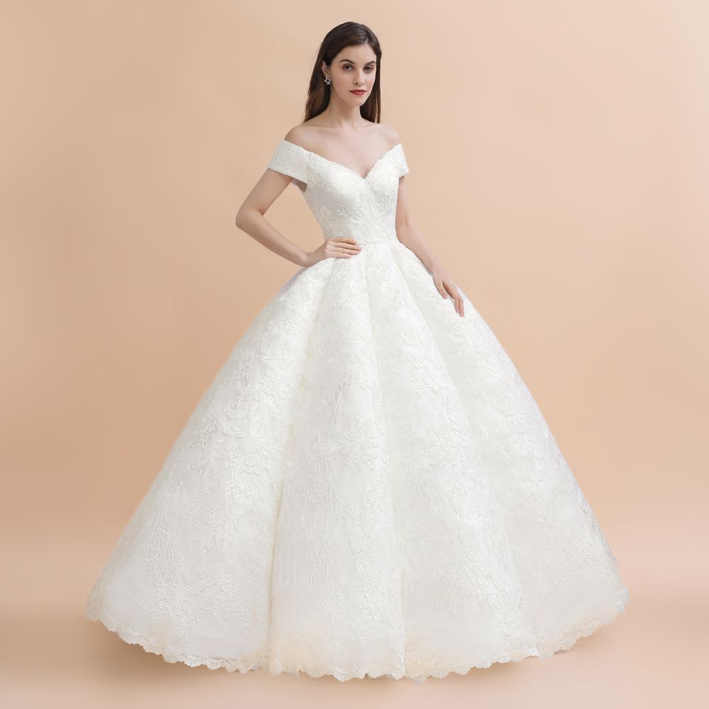 Ivory Off Shoulder Lace Appliques A-line Ball Gown Tulle Wedding Dress-newarrivaldress