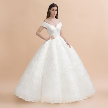 Ivory Off Shoulder Lace Appliques A-line Ball Gown Tulle Wedding Dress-newarrivaldress