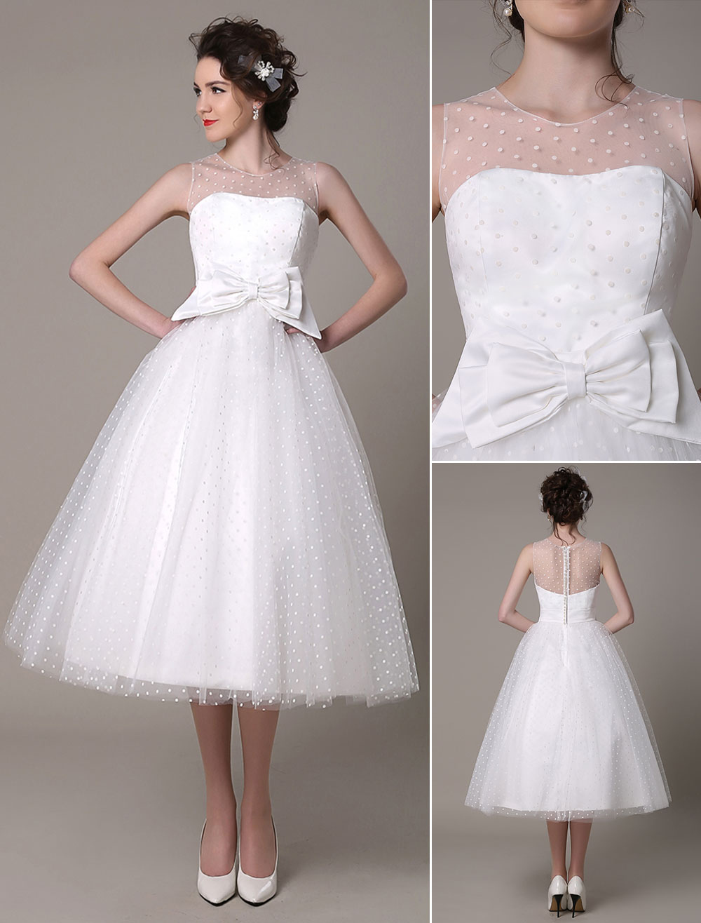 Tulle Wedding Dress Strapless A-Line Tea Length Bridal Dress With Bow Exclusive-newarrivaldress