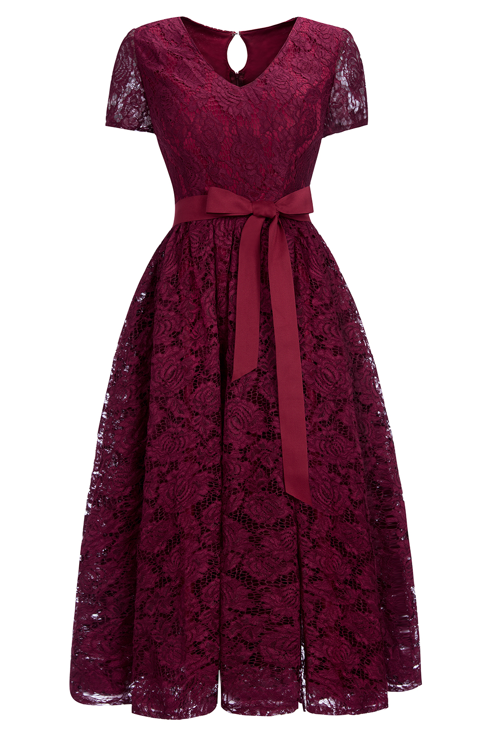 Burgundy Short Sleeves Flower Lace V-neck Dresses with Sash-newarrivaldress