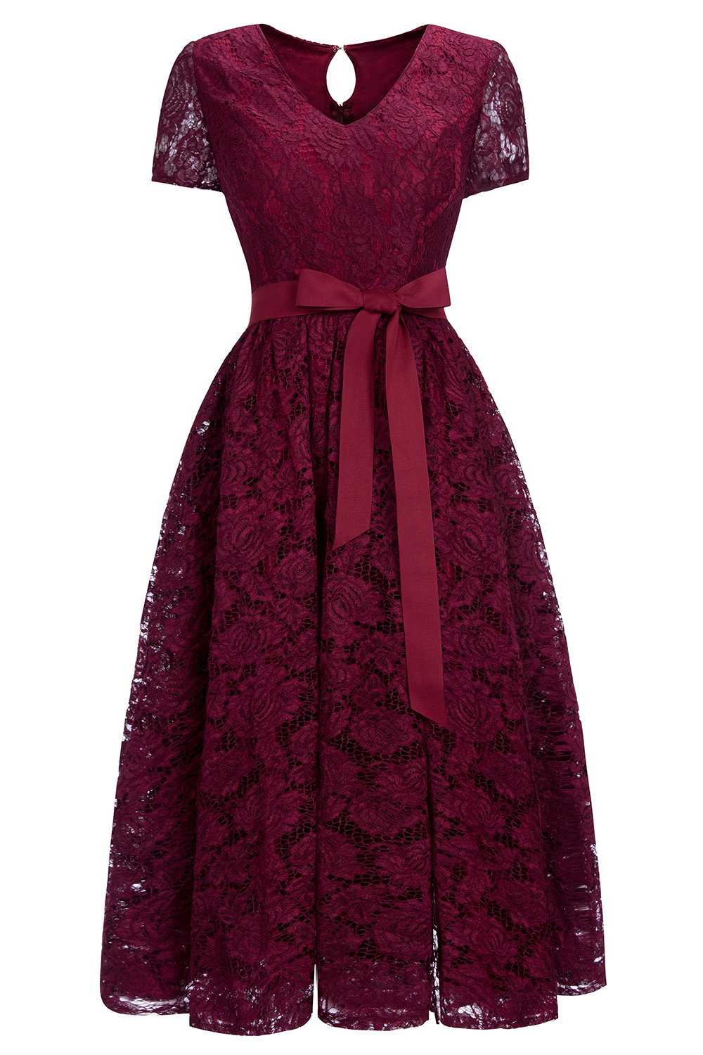 Burgundy Short Sleeves Flower Lace V-neck Dresses with Sash-newarrivaldress