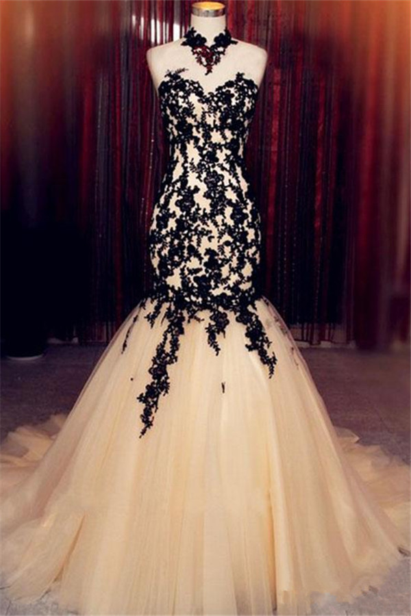 Sleeveless High Neck Lace Mermaid Tulle Black Champagne Evening Dress BA8175-newarrivaldress