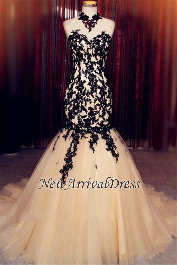 Sleeveless High Neck Lace Mermaid Tulle Black Champagne Evening Dress BA8175-newarrivaldress