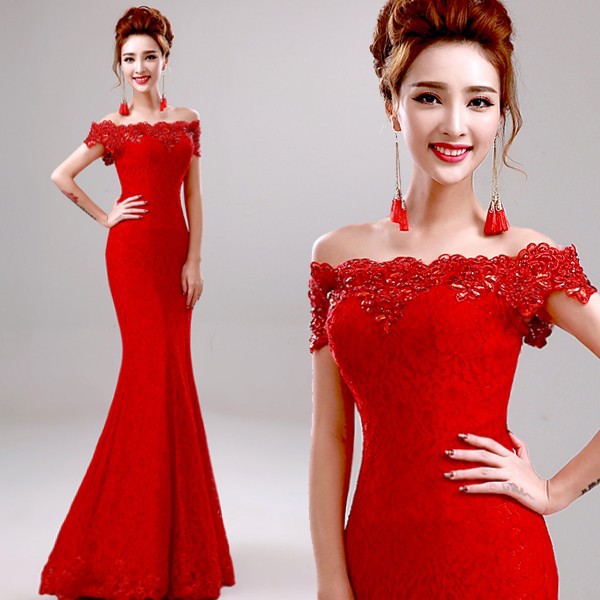 Crystal Beaded Red Mermaid Evening Dresses Off the Shoulder Prom Party Dress
