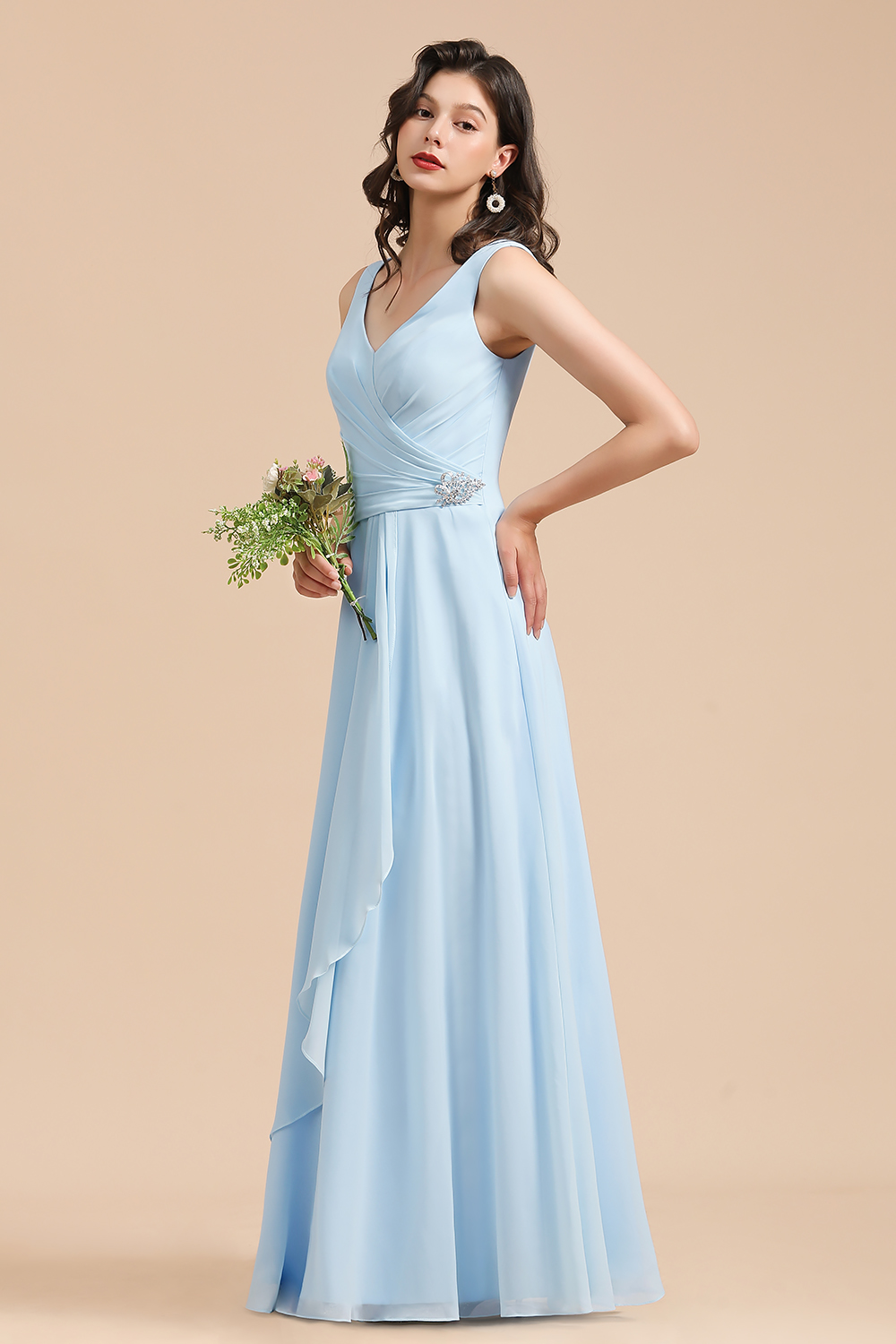 Sleeveless V-Neck Ruffle Chiffon ALine Bridesmaid Dress Simple Wedding Guest Dress