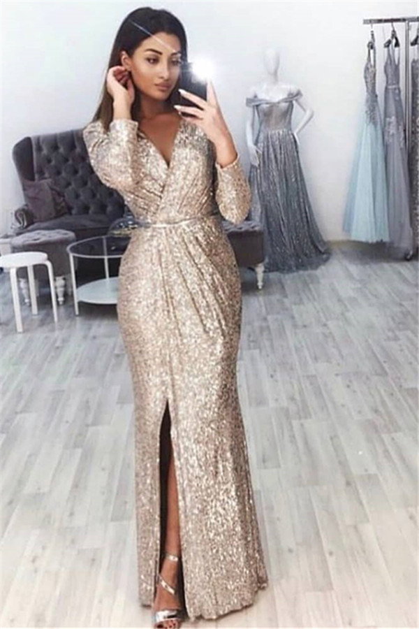 Mermaid V-Neck Long-Sleeves Front-Slipt Long Prom Dress BC0815-newarrivaldress