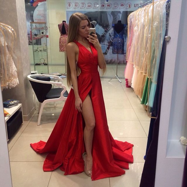 Sexy Side Split Prom Dresses V-neck Stretch Satin Formal Gowns CE0015-newarrivaldress