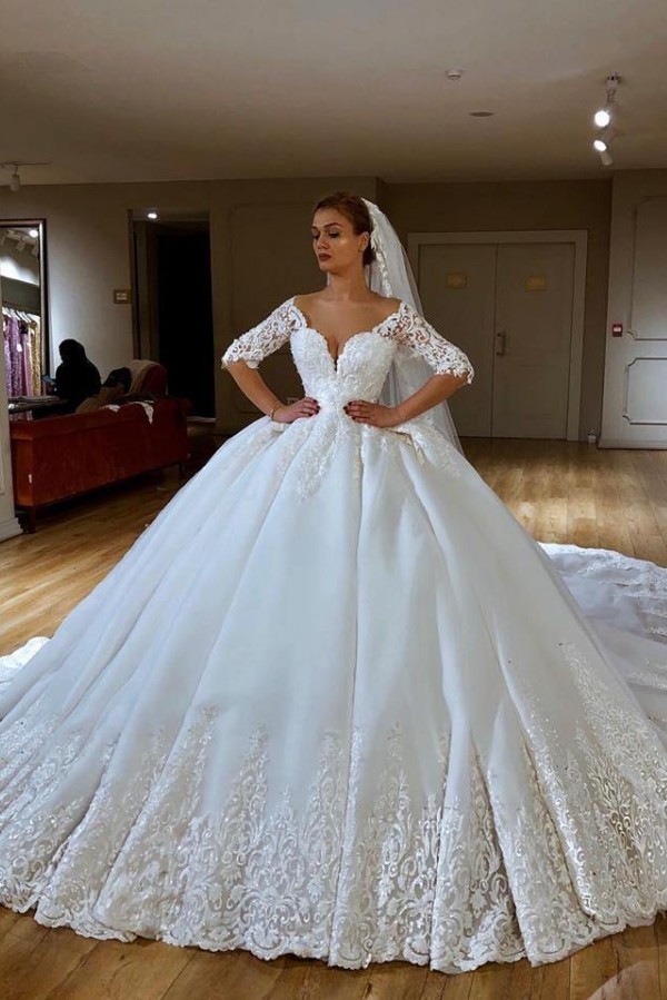 Glamorous Lace V-neck Ball Gown Wedding Dresses | Appliques Sleeves Bridal Gowns with Sweep Train-newarrivaldress