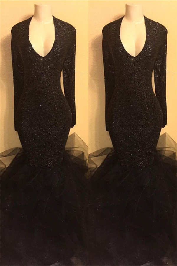 Black Long Prom Dresses with Sleeves | Mermaid Formal Dresses Plus Size BA8155-newarrivaldress
