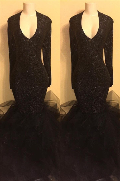 Black Long Prom Dresses with Sleeves | Mermaid Formal Dresses Plus Size BA8155-newarrivaldress