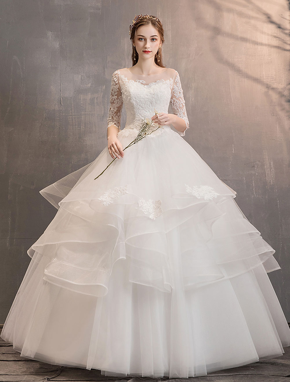 Ivory Wedding Dresses Tulle Illusion Neckline Half Sleeve Floor Length Princess Bridal Gown-newarrivaldress