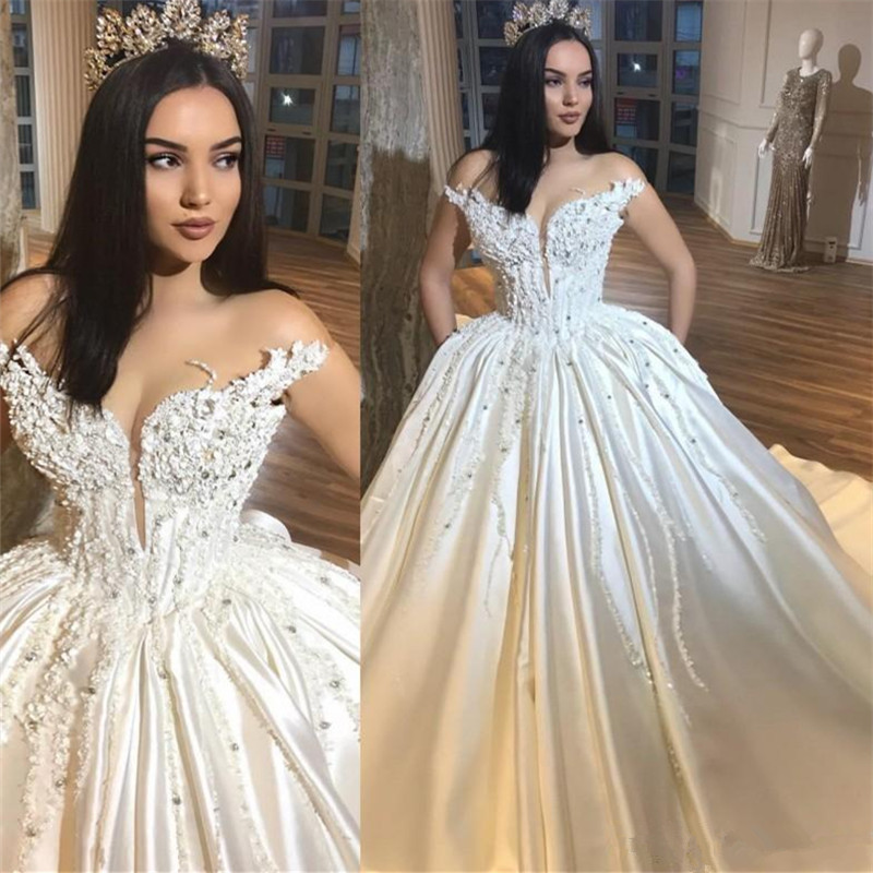 Luxury Off The Shoulder Royal Wedding Dresses Sexy | Beads Appliques Puffy Satin Wedding Dress-newarrivaldress
