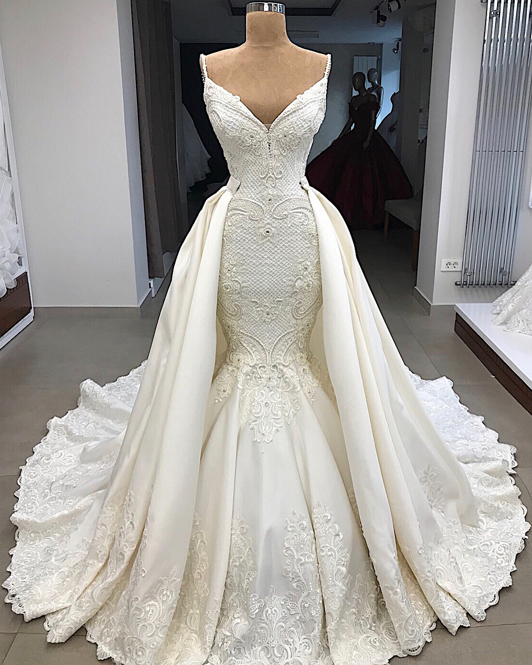 Spaghetti Straps Lace Mermaid Wedding Dresses Overskirt | Appliques Detachable Satin Backless Bridal Gowns 2021 BC0776-newarrivaldress