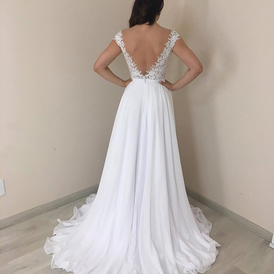 Gorgeous Cap Sleeves V-Neck Long Wedding Dresses | Lace Chiffon Bridal Gowns-newarrivaldress