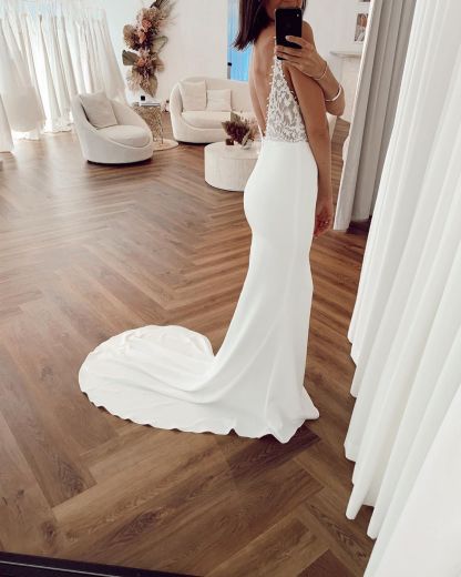 Spaghetti Straps Appliques V-neck Wedding Dresses | Sexy Sheath Backless Bridal Gowns