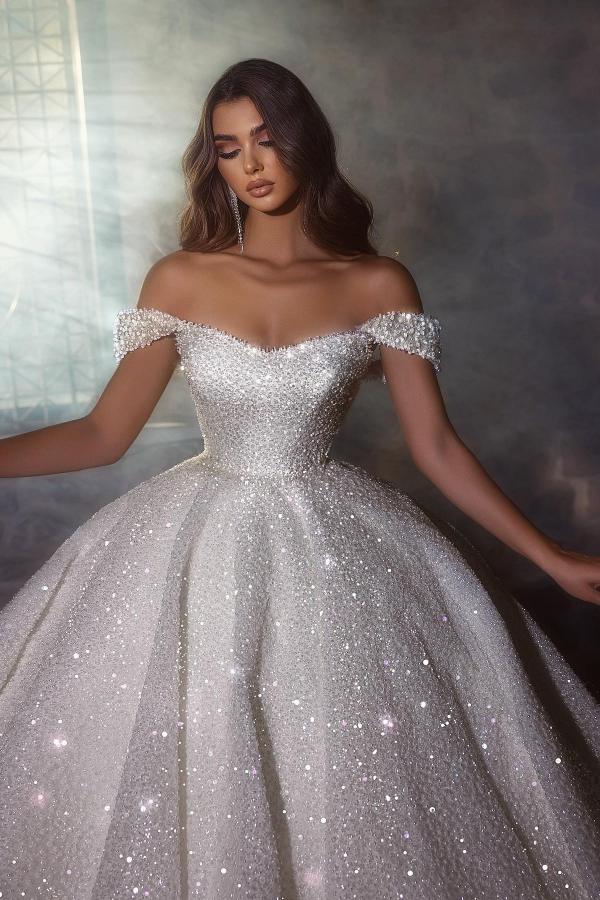 Gorgeous Off-the-Shoulder Gllitter Sequins Bridal Gown White Ball Gown Wedding Dress-newarrivaldress