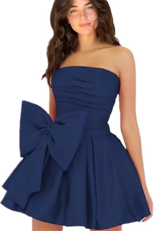 Simple Strapless Ruffle Satin Short Homecoming Dress Sleeveless Mini Party Dress with Bow-newarrivaldress