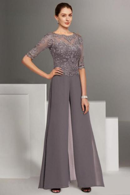 Half Sleeves Chiffon Mother of the Bride Jumpsuit Floor Length Wedding Guest Outfit with Appliques-newarrivaldress