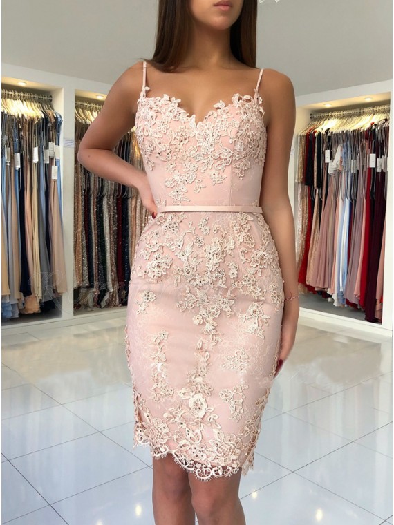 Elegant Pink Sheath Short Homecoming Dresses Spaghetti-Strap Sexy Sleeveless Cocktail Dresses-newarrivaldress