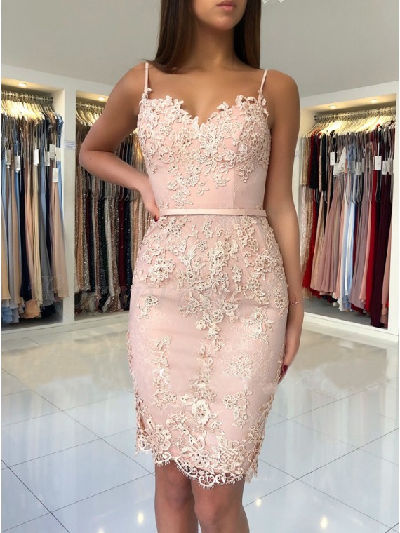 Elegant Pink Sheath Short Homecoming Dresses Spaghetti-Strap Sexy Sleeveless Cocktail Dresses-newarrivaldress