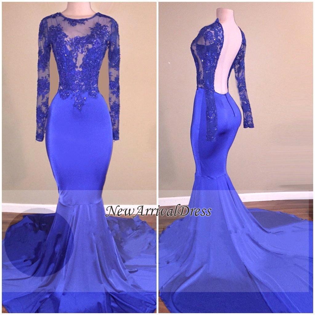 Long Sleeve Royal Blue Open Back Beaded Mermaid Prom Dresses-newarrivaldress