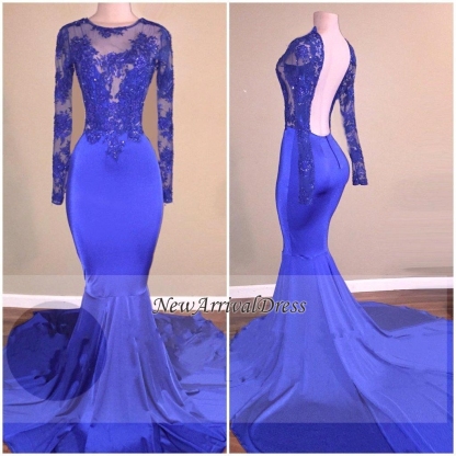 Long Sleeve Royal Blue Open Back Beaded Mermaid Prom Dresses-newarrivaldress