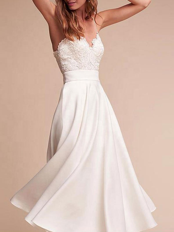 Short Wedding Dress V Neck Sleeveless A Line Tea Length Straps Bridal Gowns-newarrivaldress
