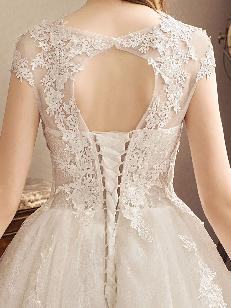 Lace Wedding Dresses Princess Bridal Gown Ivory Jewel Neck Short Sleeve Bridal Dress With Train-newarrivaldress