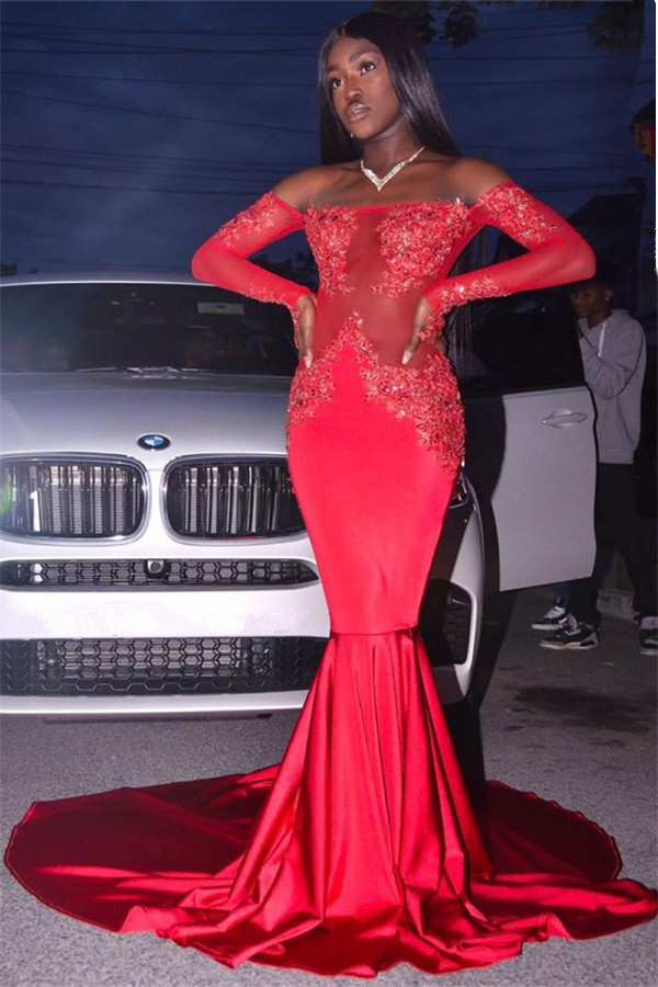 Off The Shoulder Red Sexy Prom Dresses | Long Sleeve Mermaid Lace Evening Dress with Long Train FB0327-newarrivaldress
