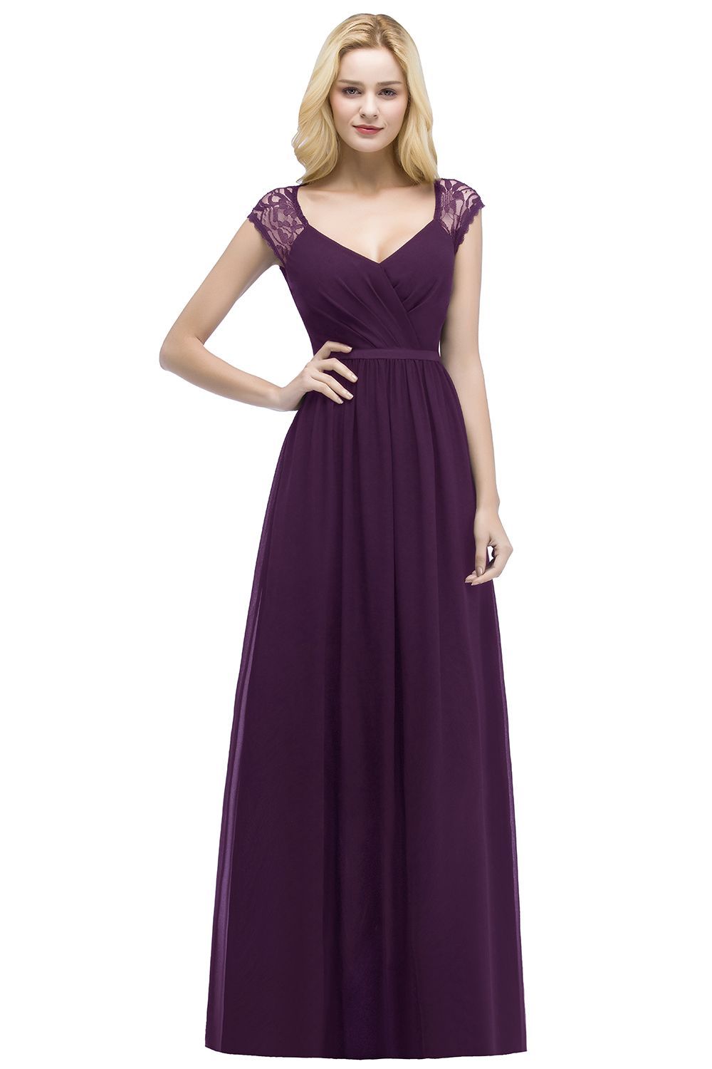 ROSALIA | A-line V-neck Floor Length Lace Chiffon Bridesmaid Dresses with Sash-newarrivaldress