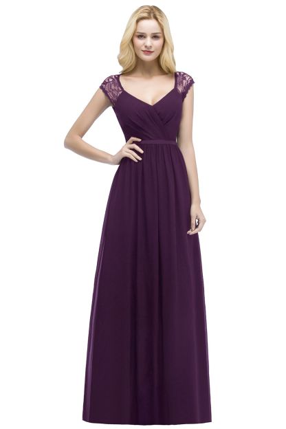 ROSALIA | A-line V-neck Floor Length Lace Chiffon Bridesmaid Dresses with Sash-newarrivaldress