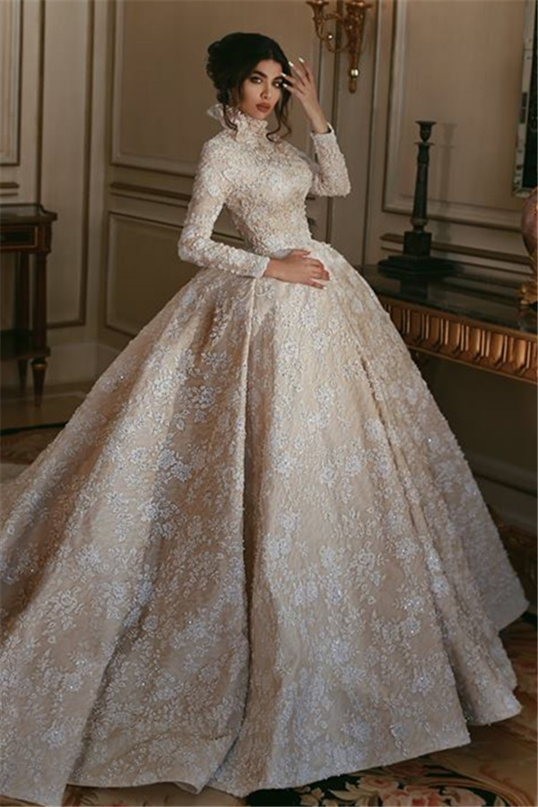 Vintage Lace Long Sleeves Wedding Dresses | 2021 High Neck Glamorous Bridal Ball Gowns-newarrivaldress