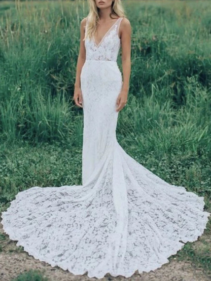 Boho Wedding Dresses Mermaid V Neck Sleeveless Lace Beach Bridal Dress With Train-newarrivaldress
