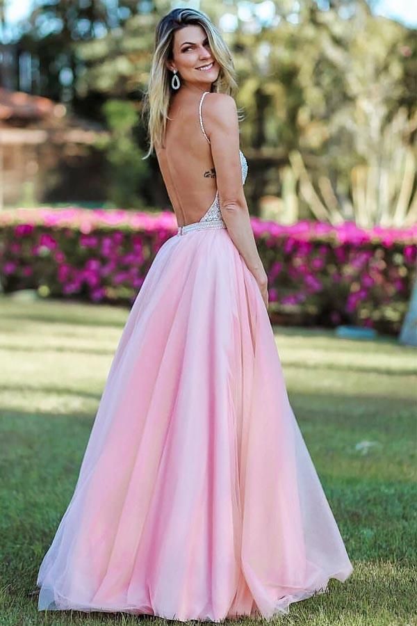 Pink Spaghetti-Straps Appliques Backless A-Line Prom Dresses-newarrivaldress