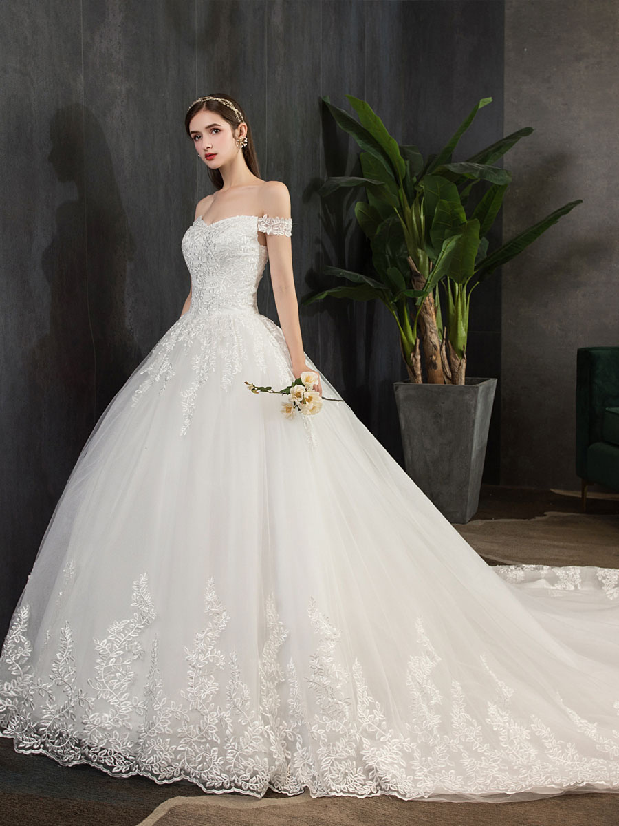 Lace Wedding Dresses Ivory Lace Applique Off The Shoulder Short Sleeve Princess Bridal Gown With Train-newarrivaldress