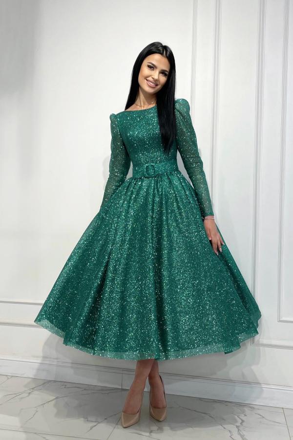 Amazing Glitter Dark Green Aline Party Dress with Long Sleeves-newarrivaldress