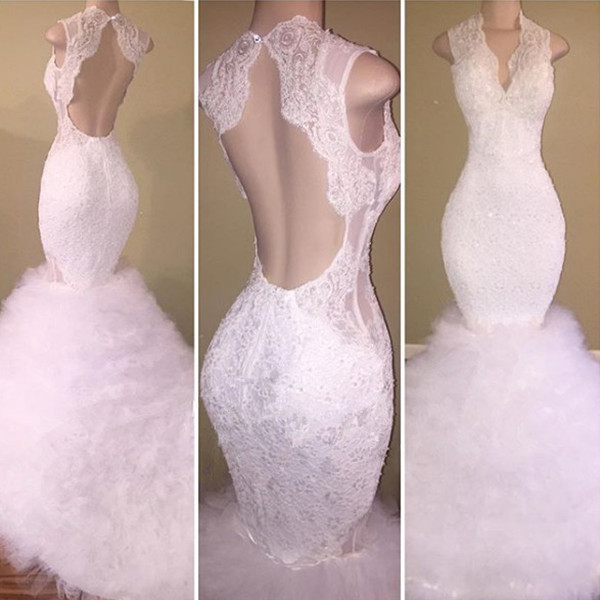 New Arrival White Lace Straps Sleeveless Ruffles Prom Dresses-newarrivaldress