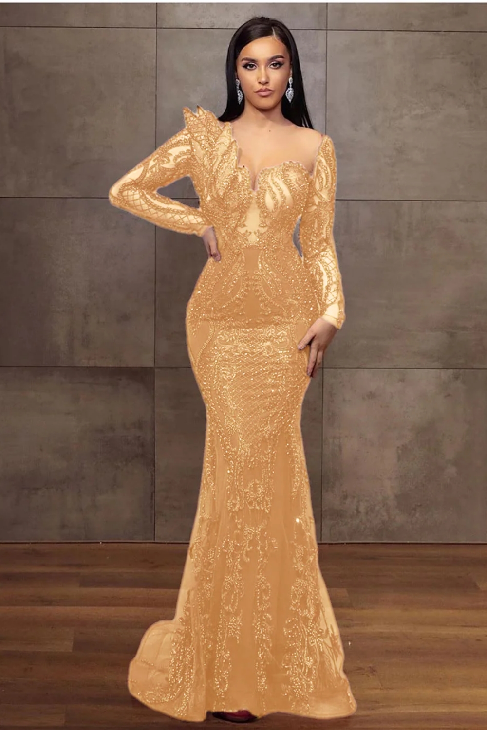 Charming Glitter Burgundy Long Sleeves Mermaid Prom Dress Beadings Evening Dress-newarrivaldress