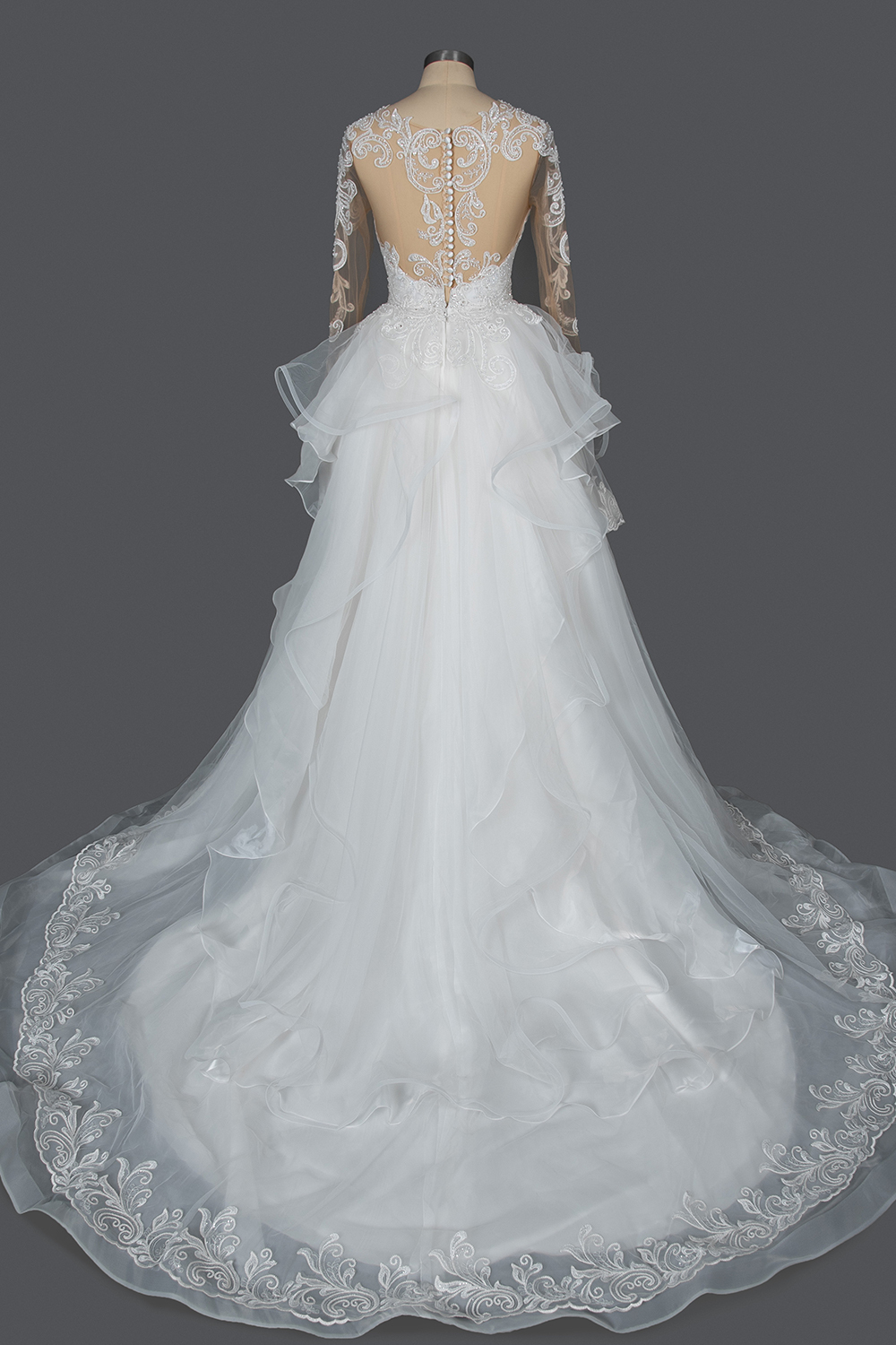 Long Sleeves Floral Lace Aline Wedding Dress Puffy Layers Bridal Dress with Sweep train-newarrivaldress